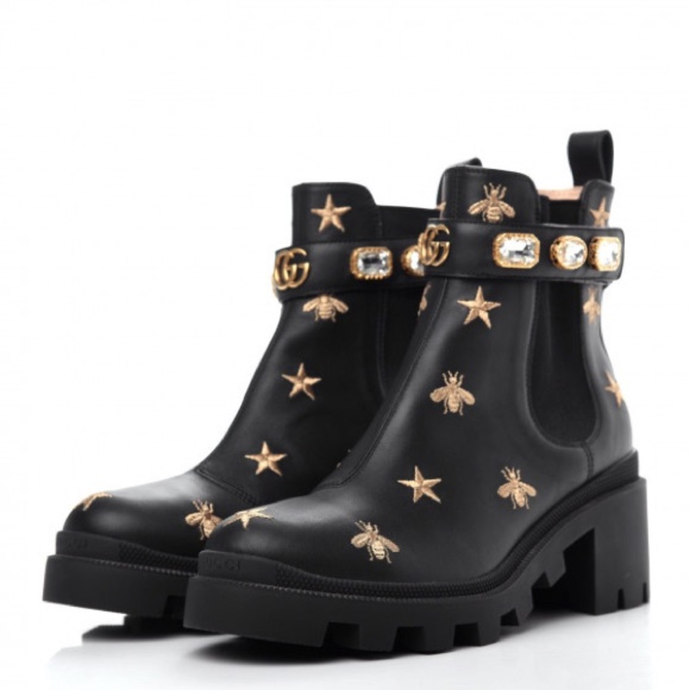 Gucci Calfskin Bee Star Embroidered Belt Ankle Boots 39.5 Black